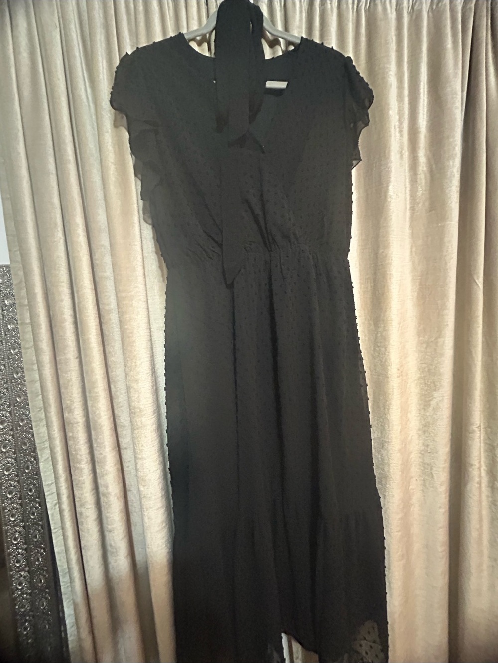 Black Maxi Dress with Tie Neck and Swiss Dot Texture